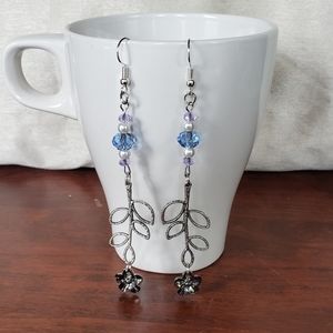 Flower Vine Silver Earrings with Beading